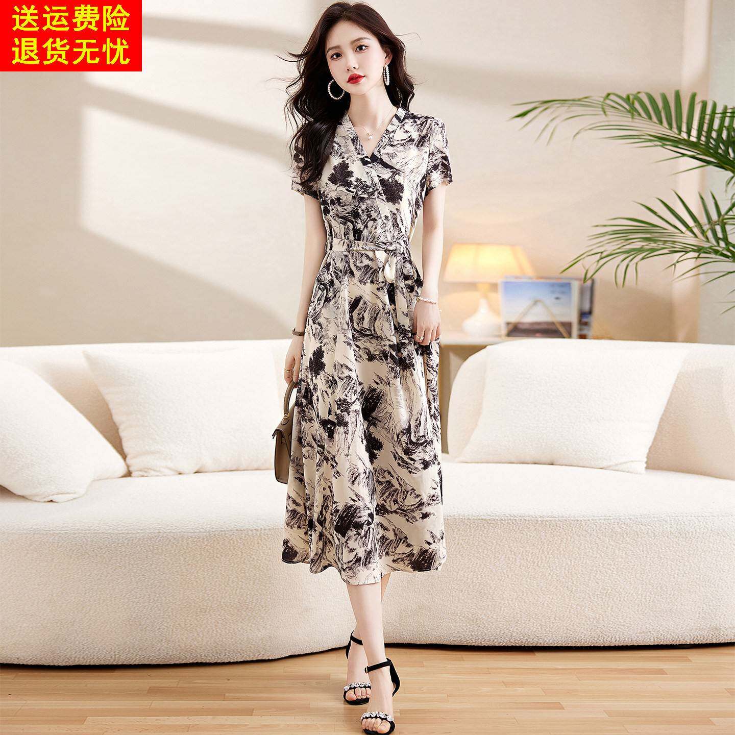 杭州重磅真丝洋装女2026新款夏季气质收腰高端妈妈装桑蚕丝裙子
