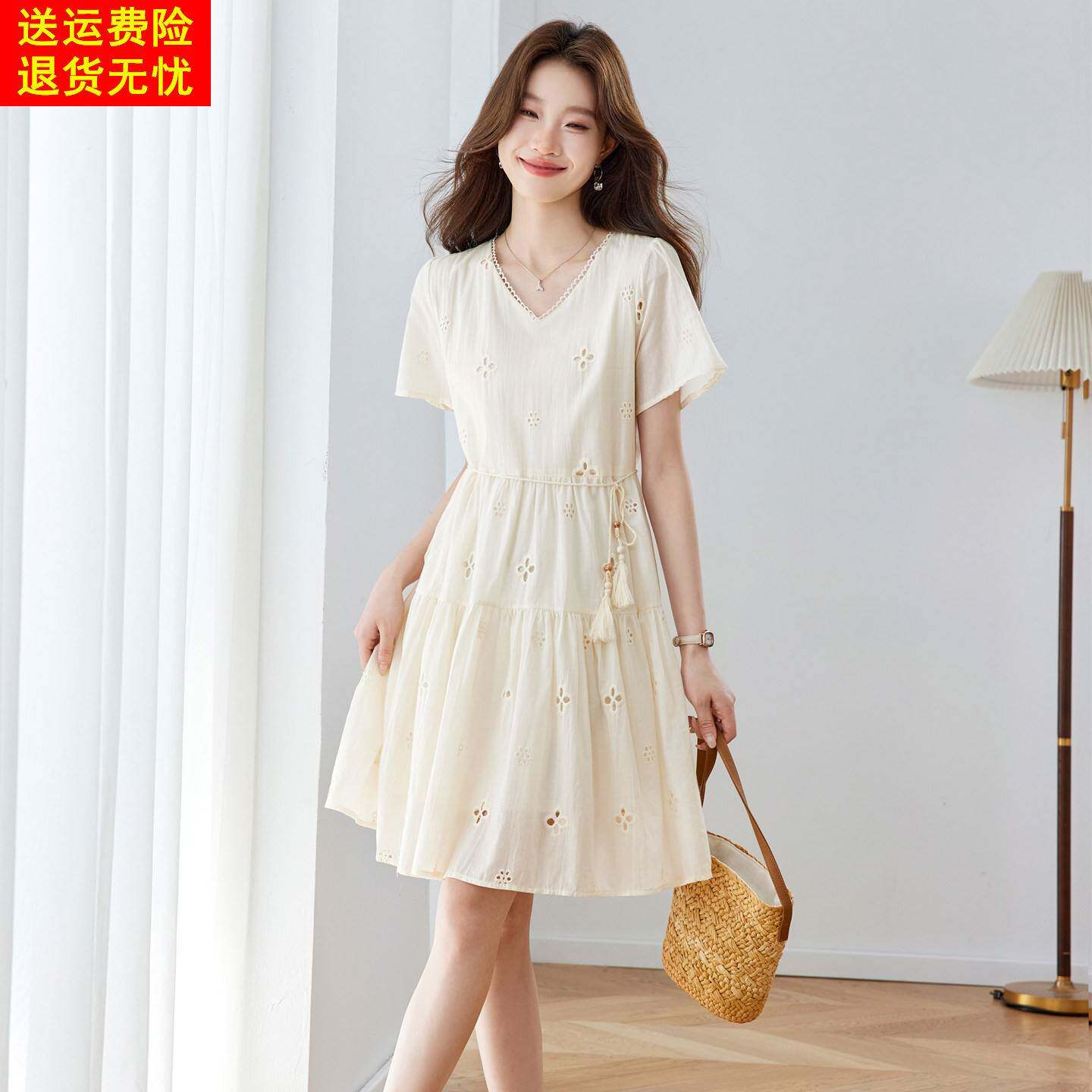 小个子夏季新款高腰系带纯棉连衣裙镂空刺绣设计v领减龄显瘦裙子