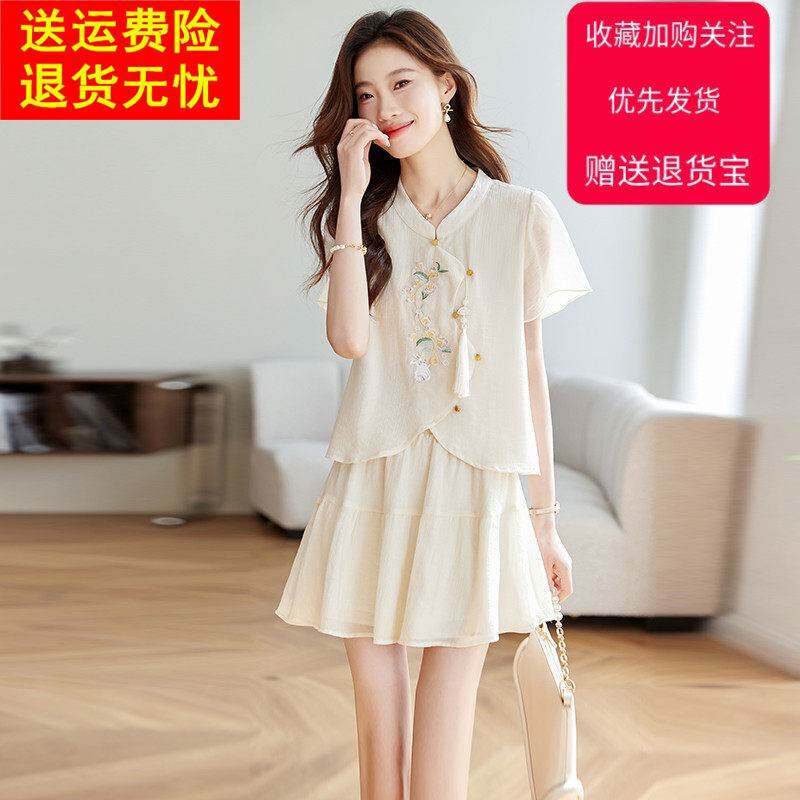 杭州新中式两件套雪纺连衣裙女2026夏新款小个子洋气质短袖裙子