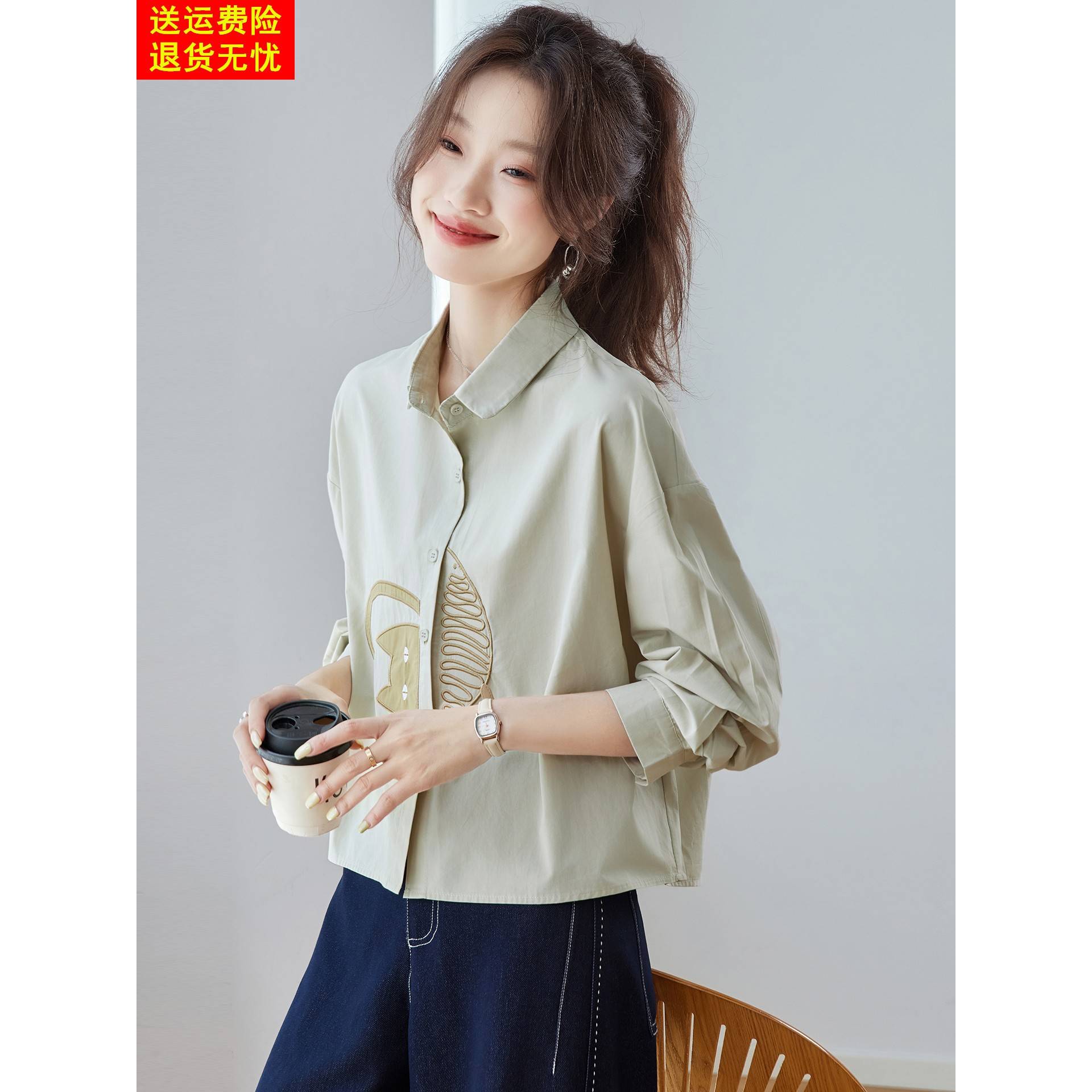 小个子短款高腰长袖衬衫上衣女2025新款春秋装宽松慵懒风纯棉衬衣