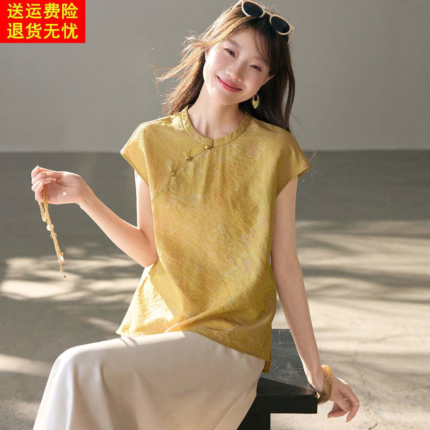 杭州大牌新中式短袖t恤女2026新款夏季桑蚕真丝小衫印花旗袍上衣