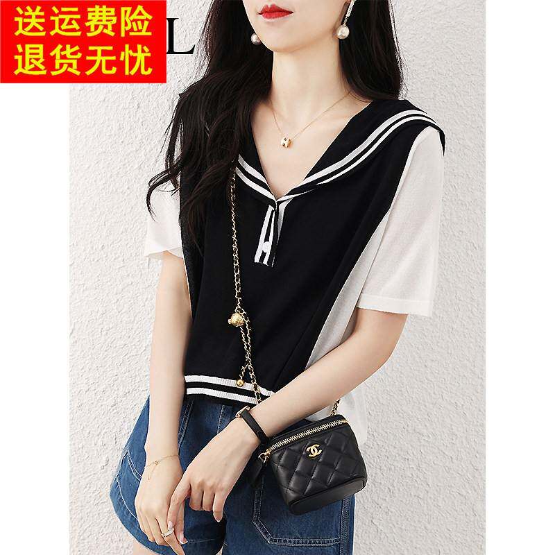 黑白拼色海军领上衣夏季薄款冰丝针织女宽松短袖t恤别致独特小衫