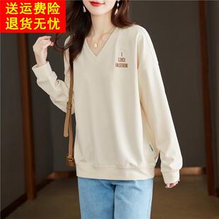v领长袖t恤卫衣女士早春秋季宽松大码显瘦小众设计感胖妹妹mm上衣
