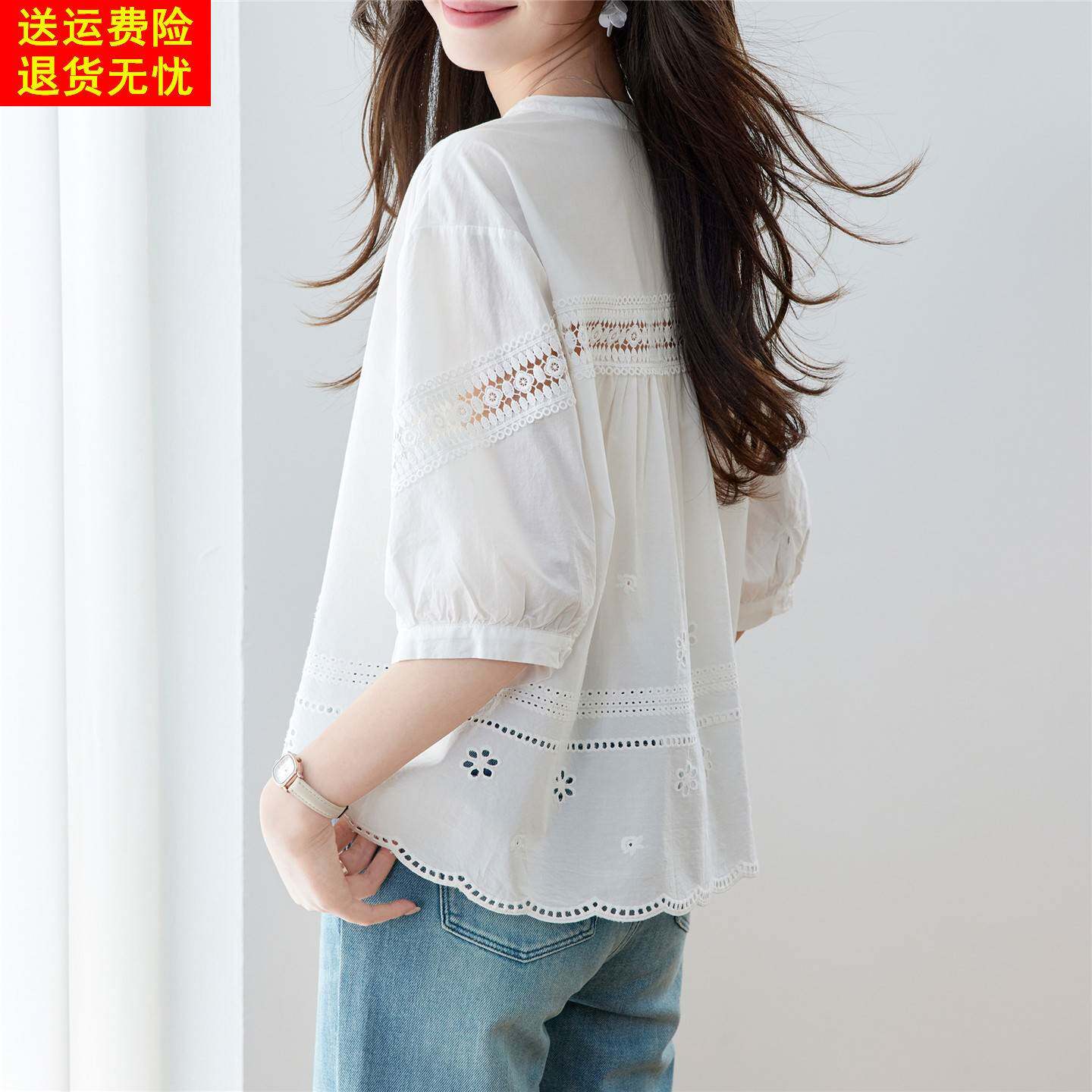 刺绣镂空短袖t恤白衬衫女设计感2026新款纯棉衬衫夏宽松小众上衣