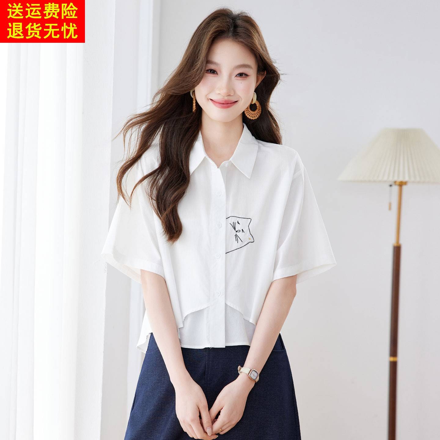 纯棉刺绣白色短袖衬衫女夏季新款超火减龄休闲宽松上衣小个子衬衫