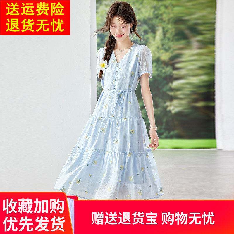 气质减龄显瘦印花连衣裙女夏季2026年爆款短袖收腰V领a字裙子过膝