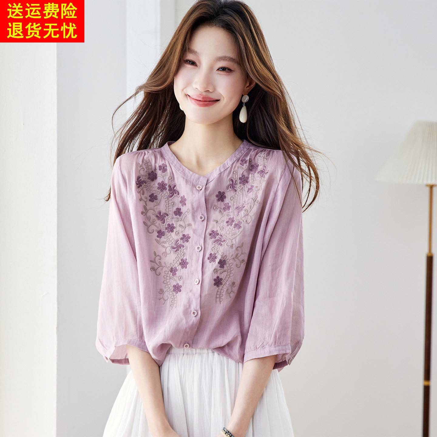 文艺风刺绣棉麻亚麻上衣女高端2026夏季新款苎麻短袖衬衫女衬衣