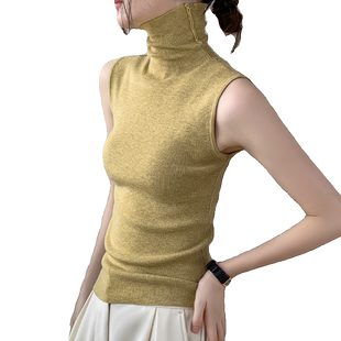 高领针织背心女2025春季翻领修身显瘦马甲内搭堆堆领无袖打底衫