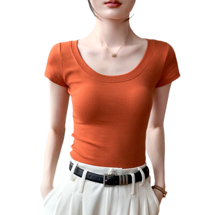 大圆领短袖T恤女2025夏季新款纯色修身显瘦正肩内搭半袖低领上衣