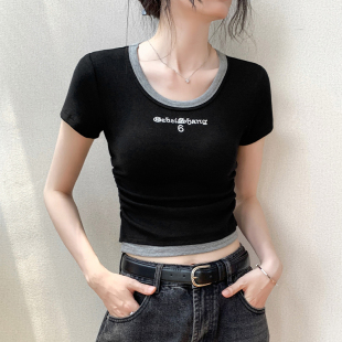 假两件短袖 显瘦字母印花撞色拼接圆领正肩上衣 T恤女2025夏季 修身