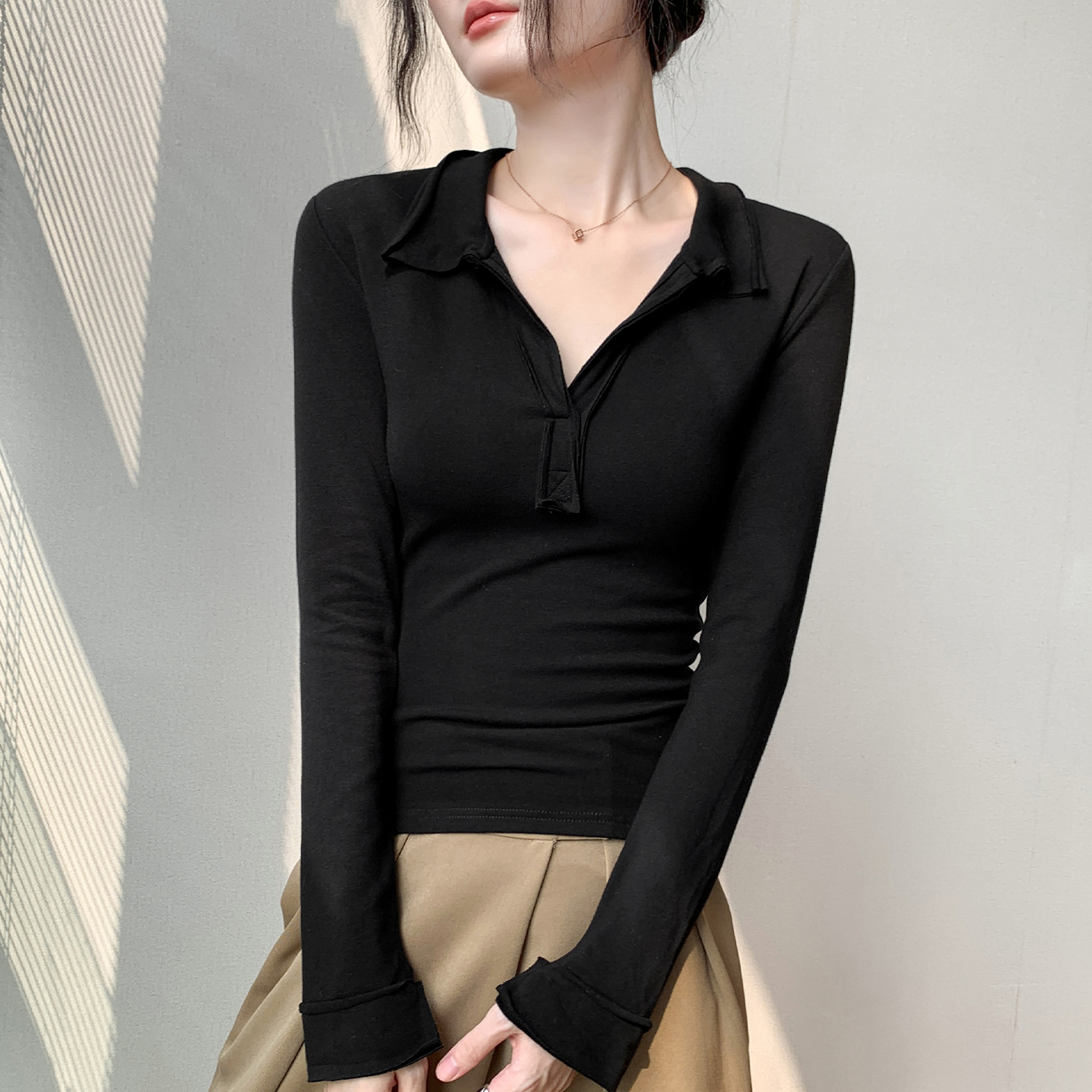 半开翻领修身纯色长袖T恤女秋季