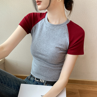 T恤女夏修身 撞色拼接圆领纯棉擦肩短袖 显瘦高腰露脐内搭正肩上衣