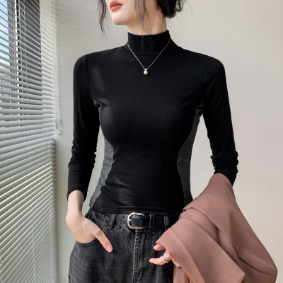 修身拼色设计感半高领长袖T恤女