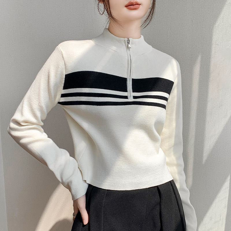 拉链半开领长袖针织衫女