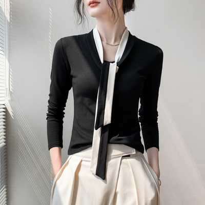 法式修身飘带领内磨毛长袖T恤女