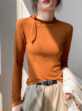 歌倍尚飘带领长袖T恤女2025入秋韩系穿搭南瓜橘修身上衣打底衫