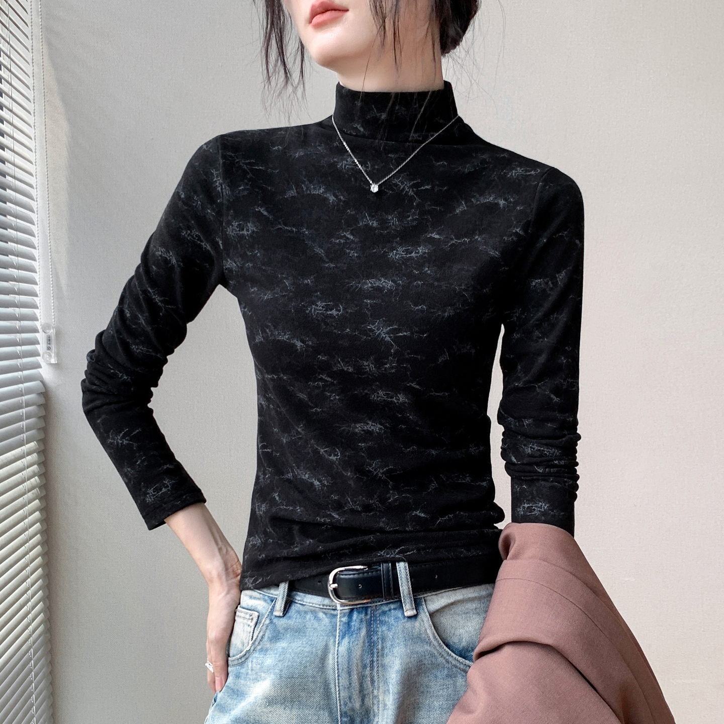 韩版半高领扎染德绒长袖T恤女