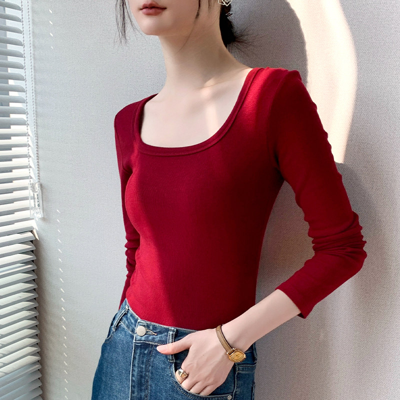 方领长袖T恤女2025春季新款漏锁骨正肩内搭纯棉打底衫红色上衣