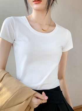 歌倍尚白色短袖t恤女夏季圆领正肩修身纯色净版基础款半袖上衣棉t