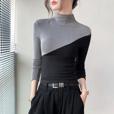 歌倍尚撞色拼接半高领长袖T恤