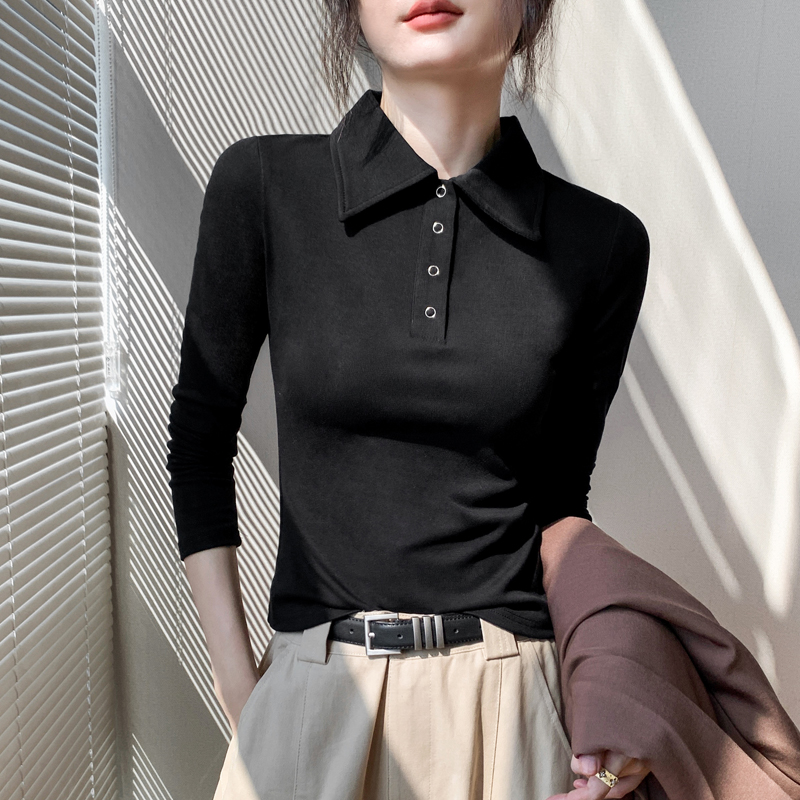 歌倍尚Polo领修身别致长袖T恤女