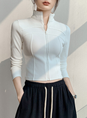 半高领拉链长袖针织衫女2025春新款白色开衫正肩外套短款T恤上衣
