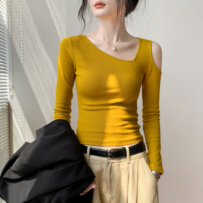 斜领镂空设计长袖T恤女秋季上衣