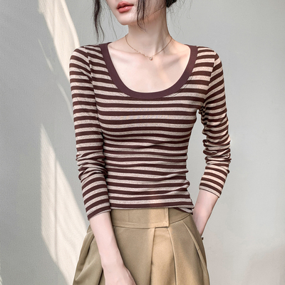 歌倍尚修身圆领条纹长袖T恤女