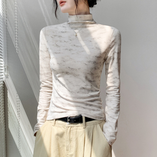 半高领晕染德绒长袖T恤女装秋季新款卫衣别致修身正肩内搭打底衫