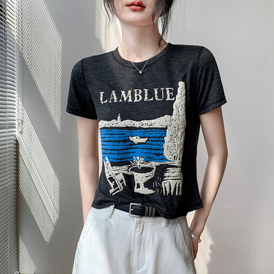 歌倍尚字母印花圆领短袖T恤女