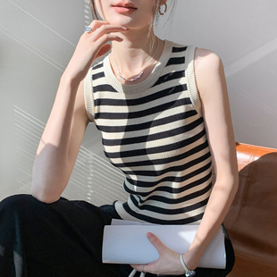 显瘦遮副乳衬衫 圆领撞色条纹无袖 修身 新款 内搭上衣 背心女2025春季