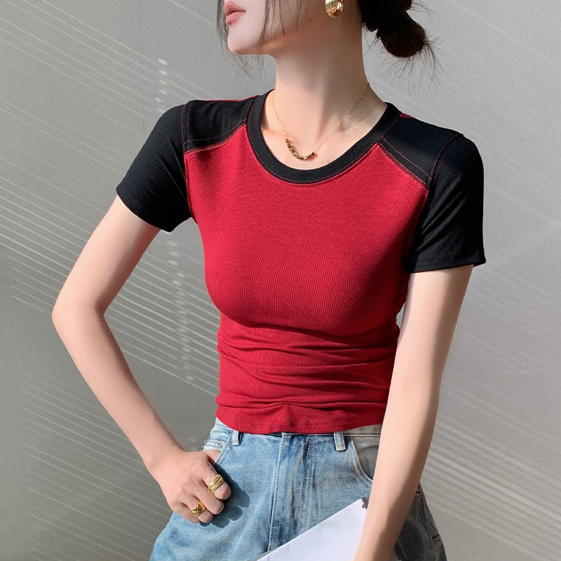 撞色拼接设计感小众短袖t恤女