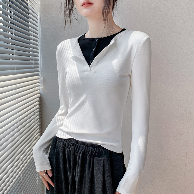 歌倍尚假两件半开领长袖T恤女