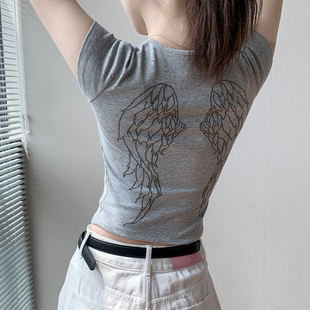 辣妹风短款 显瘦美式 翅膀图案上衣 T恤女2025夏修身 歌倍尚圆领短袖