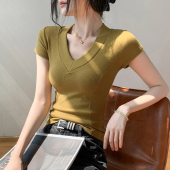 韩版 V领正肩短袖 显瘦针织上衣 修身 性感收腰衬衫 T恤女2025夏季 新款