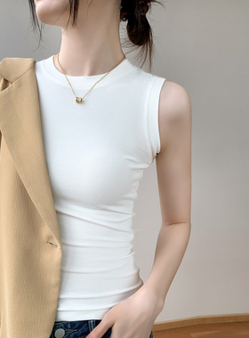 纯白色吊带背心女秋薄款圆领紧身内搭遮副乳莫代尔无袖T恤打底衫