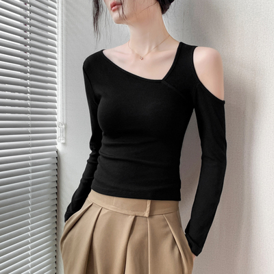 修身洋气斜领镂空长袖T恤女秋