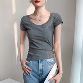 夏季 新款 韩版 大领口T恤女紧身短袖 圆领正肩修身 显瘦u领棉体恤上衣