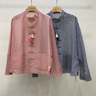 春新中式复古小方格盘扣流苏平安银饰吊坠丝棉立领连肩袖衬衫上衣