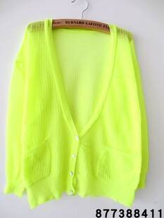 秋季新品 荧光黄绿色宽松V领薄款长袖防晒小毛衣针织开衫空调衫