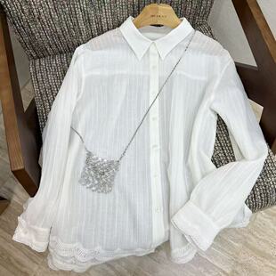 26春夏休闲简约法式 百搭上衣 镂空钩花蕾丝花边竖条苎麻棉翻领衬衫