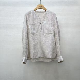衬衫 气质半开襟小V领亚麻暗纹提花长袖 上衣女 新款 2026春季