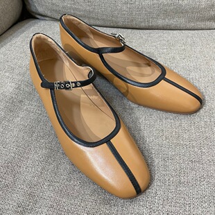 女夏 拼色圆头一字带羊皮玛丽珍小高跟单鞋 法式 复古感小香风经典