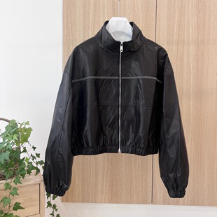 帅气珠链立领拉链复古机车绵羊皮夹克短外套 新品 2024年秋冬季 女装