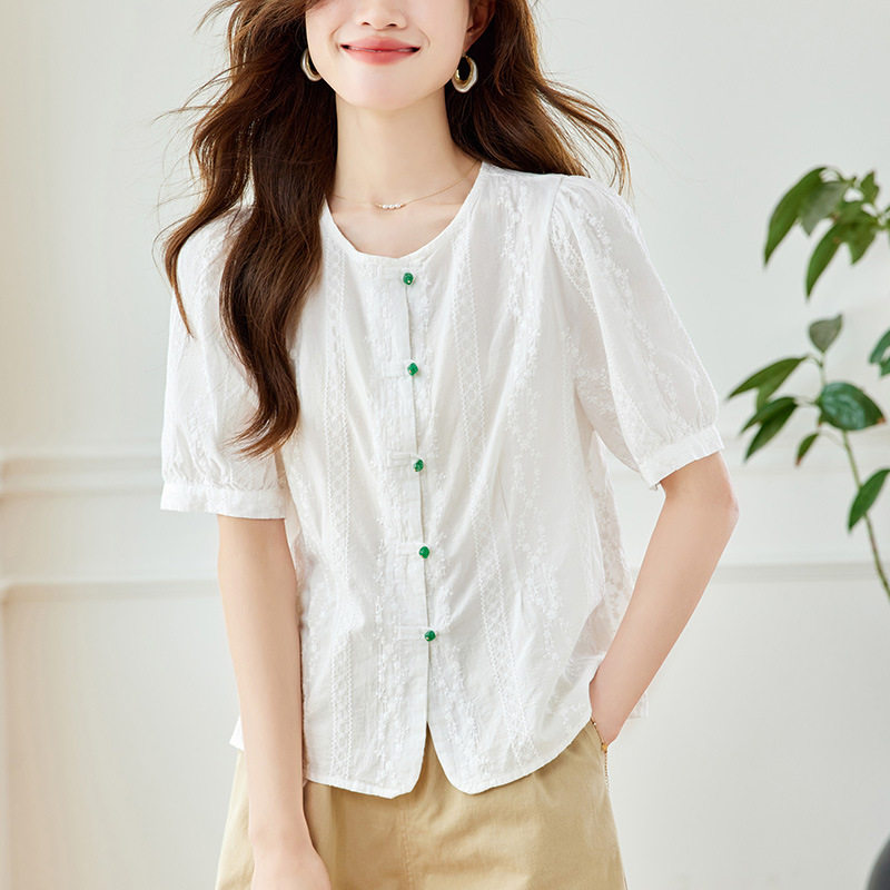 绣花圆领衬衫女短袖2026夏季新款小个子宽松上衣纯棉衬衣别致小衫