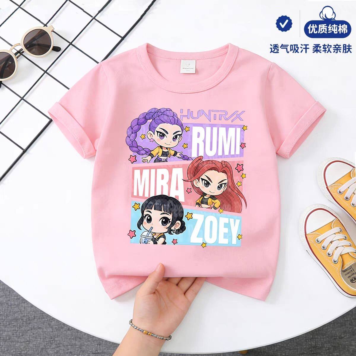 kpop猎魔女团纯棉短袖T恤女童装夏季新款儿童衣服圆领上衣打底衫 - 实物图