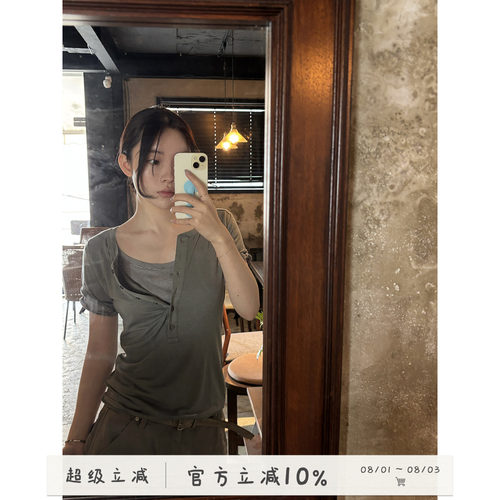 亨利圆领假两件短袖T恤女