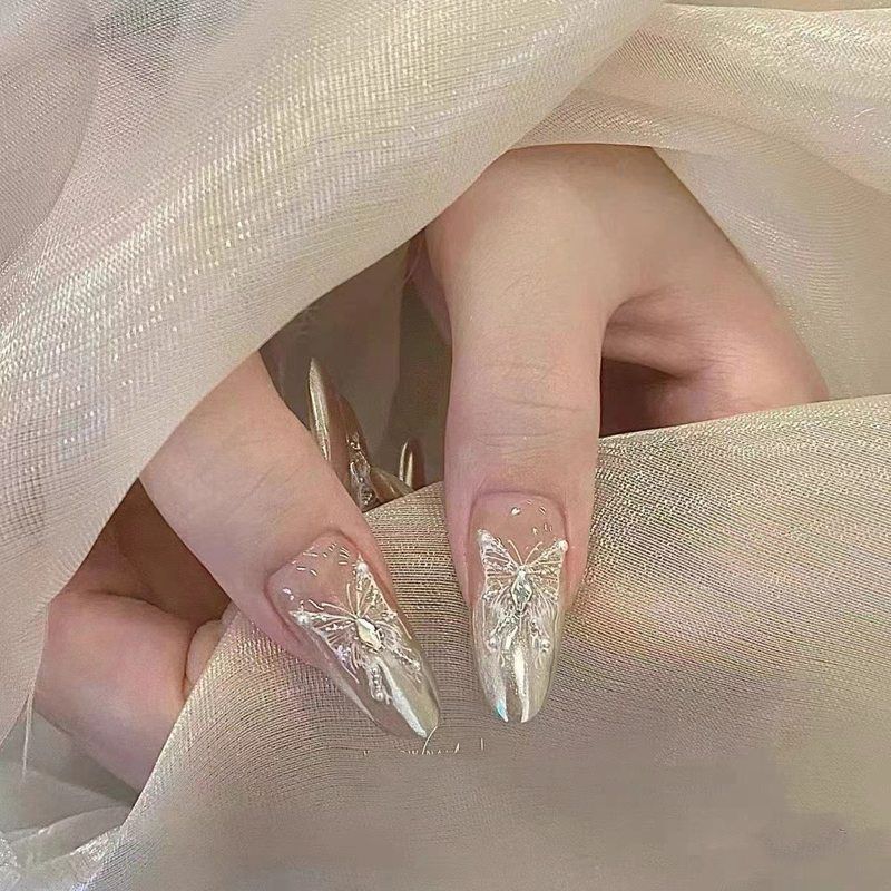 千金纯手工魔镜渐变咖色蝴蝶纯欲拉丝高级春夏质感显白美甲穿戴