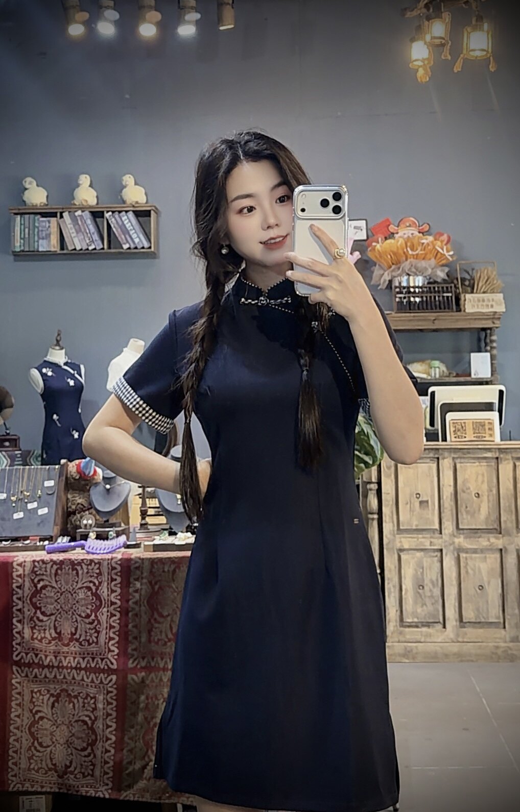 妍妍家新中式格子拼接短款旗袍旗袍