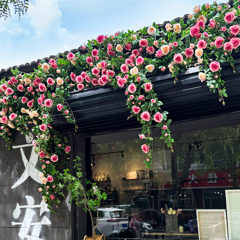 仿真玫瑰花藤假花塑料藤条空调管道缠绕藤蔓装饰遮挡吊顶花条植物